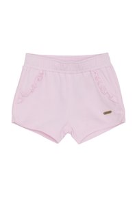Ljusrosa shorts i mjukt tyg, med volangfickor och elastisk midja. Inkluderar en liten brun logotagg på sidan.