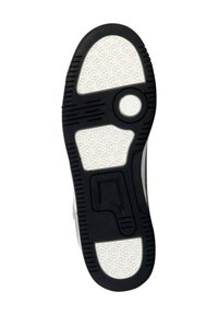 Suela de zapato de goma negra con un dibujo geométrico blanco, que presenta un detalle circular blanco en el centro y ranuras laterales para mayor tracción.