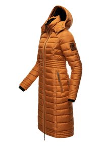 Long puffer jacket in orange, featuring a zip front, padded texture, hood, and black ribbed cuffs, with a side zip pocket and logo patch.