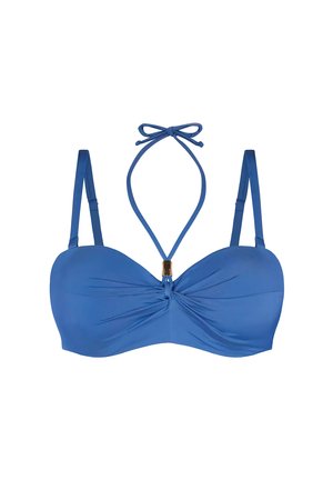 Niebieski stanik bikini z formowanymi miseczkami, skręconym przodem, regulowanymi ramiączkami oraz detalem w postaci kokardki przy szyi. Akcenty w kolorze złotym.