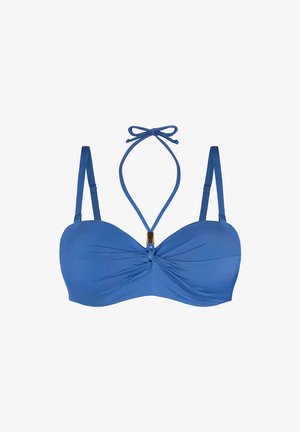 Niebieski stanik bikini z formowanymi miseczkami, skręconym przodem, regulowanymi ramiączkami oraz detalem w postaci kokardki przy szyi. Akcenty w kolorze złotym.