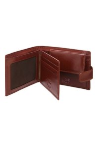 Portefeuille en cuir marron avec une finition texturée, plusieurs emplacements pour cartes, un emplacement transparent pour une pièce d'identité et un fermoir sécurisé.
