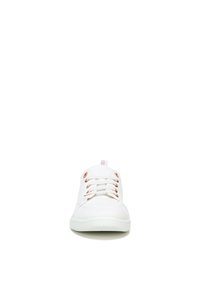 White canvas sneaker with rose gold eyelets, round toe, flat sole, and lace closure. Features a small loop tab at the back.