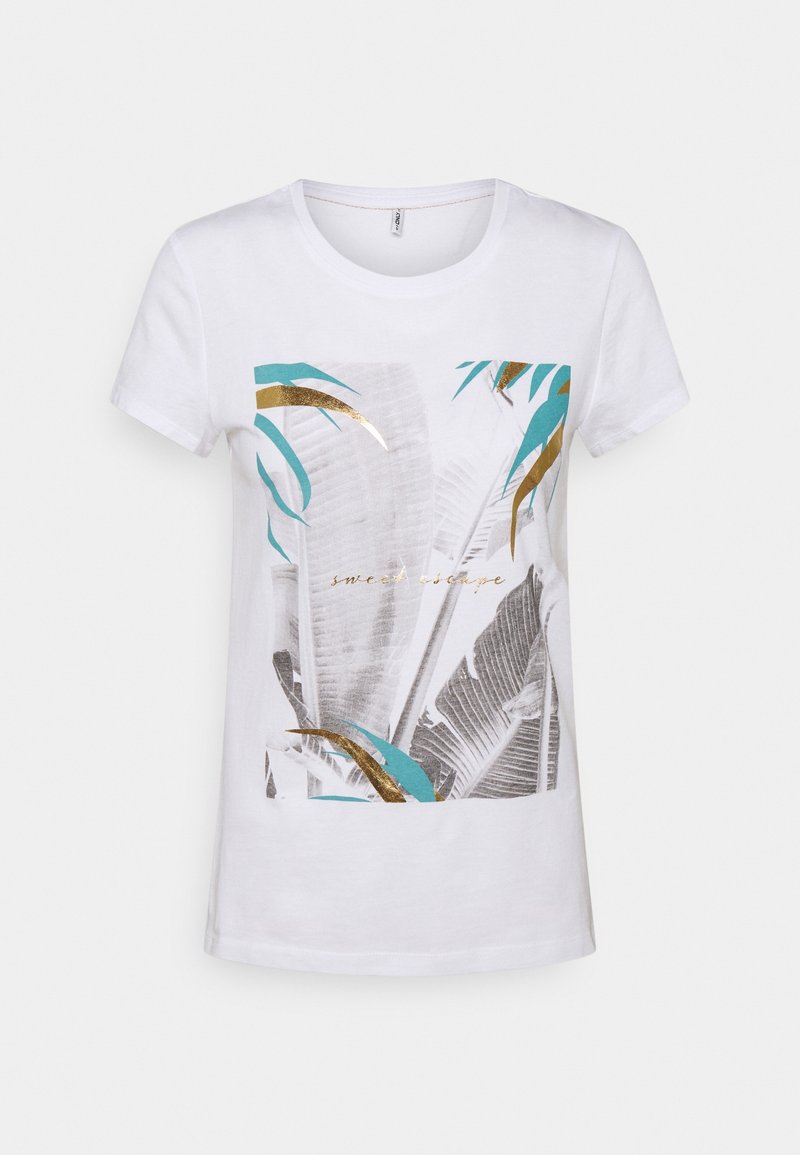 T-shirt blanc à manches courtes avec un imprimé de feuilles tropicales en gris, turquoise et or, avec le texte "sweet escape" en écriture dorée sur le devant.