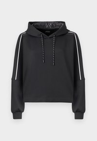 Svart kort hoodie i teksturert stoff, med snorhette og hvite sidestriper. Lange ermer med elastiske mansjetter.