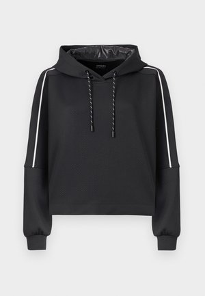 Black cropped hoodie with textured fabric, featuring a drawstring hood and white side stripes. Long sleeves with elastic cuffs.