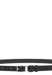 Czarny skórzany pasek o gładkiej fakturze, z prostokątną srebrną klamrą i pętlą do regulacji. Posiada wiele otworów do dopasowania.