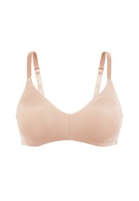 Soutien-gorge beige clair avec une surface en tissu lisse, des bonnets triangulaires, des bretelles réglables et un délicat bord blanc le long de l'ourlet.