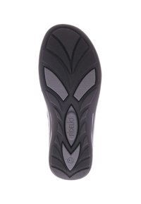 Zwarte schoenzool van textuurrubber, met een golfpatroon en verzonken gebieden voor grip. Merkennaam "Fidelio" is erin gedrukt. Maat 4½.