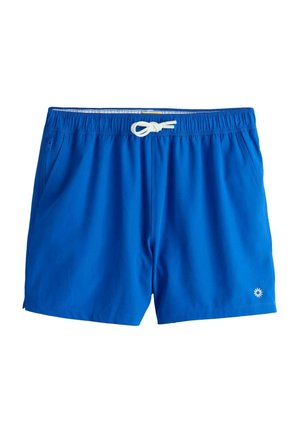 Blue swim trunks made of lightweight fabric, featuring an elastic waistband with a white drawstring and side pockets. Small logo detail on leg.
