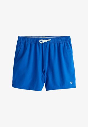 Blaue Badehose aus leichtem Stoff, mit elastischem Bund, weißem Kordelzug und Seitentaschen. Kleines Logodetail am Bein.