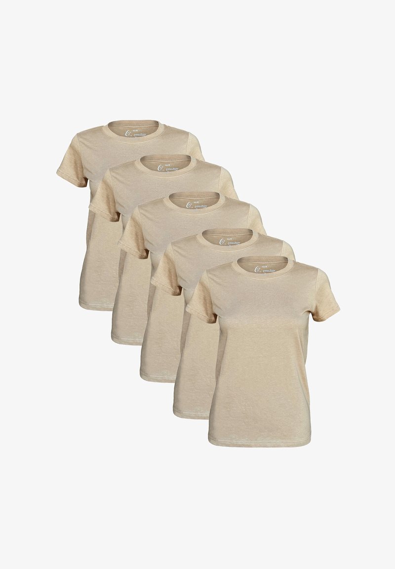 Five beige short-sleeve T-shirts with a round neck, made of soft fabric, featuring a subtle texture and seamless construction.