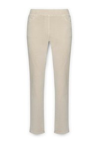 Pantalones beige de pierna recta hechos de denim suave. Incluye dos bolsillos delanteros y una cinturilla suave, con detalles de costura.