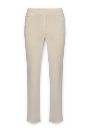 Beige, rechte broek van zachte denim. Kenmerken zijn onder andere twee voorzakken en een gladde tailleband, met stikseldetails.