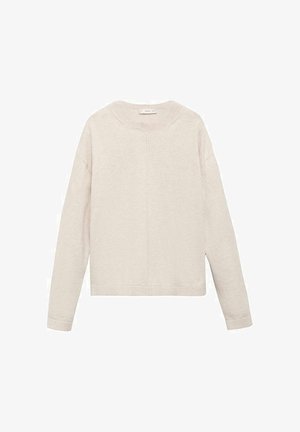 Pulover bej deschis, cu maneci lungi, decolteu rotund, mansete ribbate si o croiala lejera. Tesatura texturata cu detalii subtile de cusut.