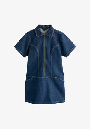 Tumši zila īss piedurkņu džinsa kleita ar priekšējo rāvējslēdzēju, punktētu apkakli, šuvju detaļām un divām priekšējām kabatām.