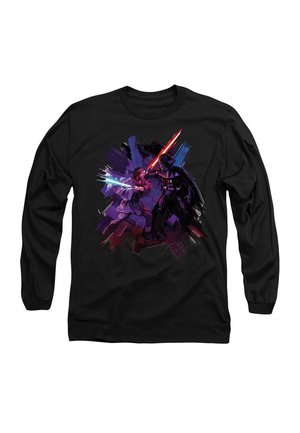 Black long-sleeve shirt featuring an illustration of two figures dueling with lightsabers, blue and red, against a colorful, abstract background.