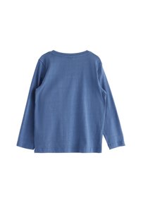 Langärmliges T-Shirt aus weichem blauen Baumwollstoff, mit Rundhalsausschnitt, geradem Saum und minimalen Nähten. Glatte Textur, lässiges Design.