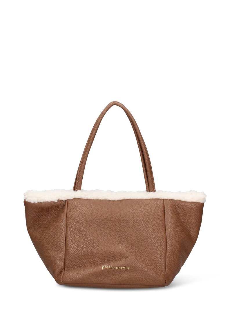 Sac fourre-tout en cuir marron à finition texturée, bordure en fausse fourrure crème et deux poignées. Dispose d'un logo embossé sur le devant.
