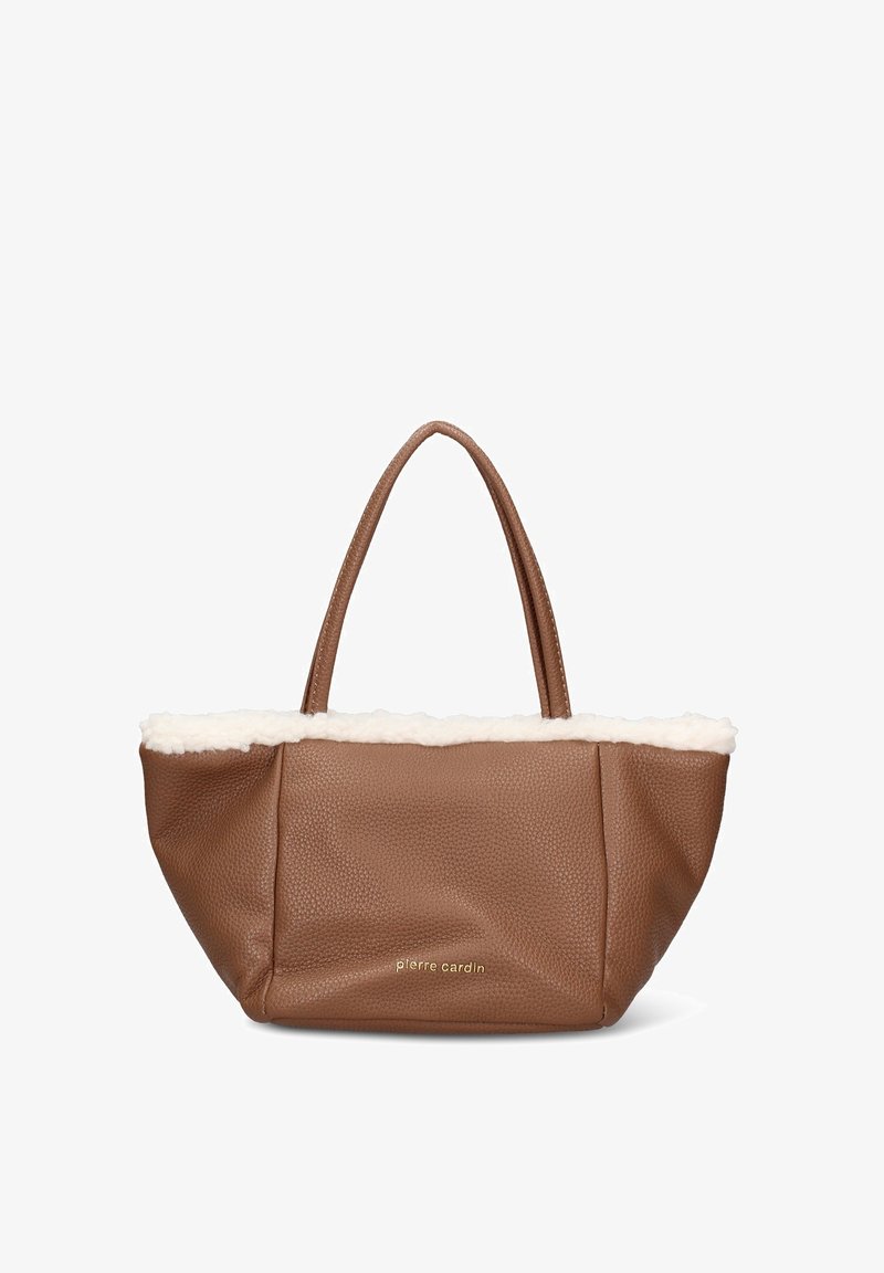 Sac fourre-tout en cuir marron à finition texturée, bordure en fausse fourrure crème et deux poignées. Dispose d'un logo embossé sur le devant.