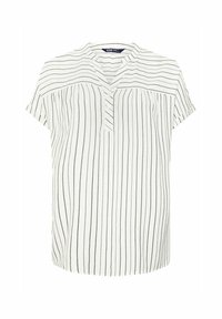 Blusa bianca a maniche corte con strisce verticali nere, caratterizzata da un collo a V e un dettaglio con bottone sul petto per un tocco di stile in più.