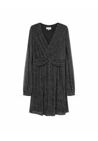 Abito nero a maniche lunghe con scollatura a V, dettaglio frontale attorcigliato e tessuto morbido e testurizzato con una leggera lucentezza. Vestibilità fluida e gonna arricciata.