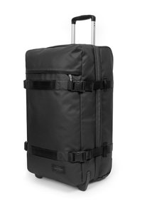Schwarzes, rechteckiges Rollgepäck aus strapazierfähigem Stoff. Ausgestattet mit verstellbaren Riemen, einem Teleskopgriff und verstärkten Ecken.