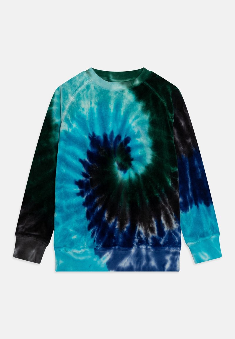 Tie-dye sweatshirt i teal, svart och mörkblå. Har rundad halsringning, långa ärmar och ett virvlande mönster. Mjuk, texturerad tyg.