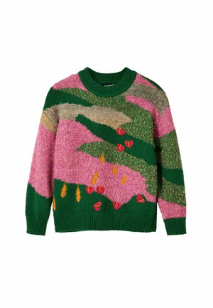Zielony, różowy i beżowy sweter na drutach z abstrakcyjnymi wzorami oraz haftowanymi czerwonymi i pomarańczowymi motywami kwiatowymi i pszenicznymi.