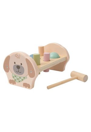 Holzpuzzle-Spielzeug mit einem Hundedesign, das pastellfarbene Formen (blau, grün, pink) und einen separaten Holzhammer enthält.