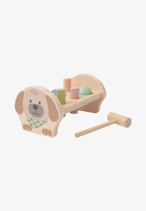 Wooden hammering toy with a dog design, featuring pastel-colored shapes (blue, green, pink) and a separate wooden hammer.
