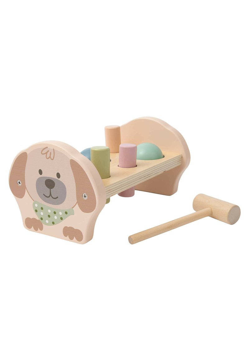 Wooden hammering toy with a dog design, featuring pastel-colored shapes (blue, green, pink) and a separate wooden hammer.