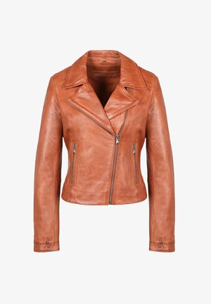 Brown leather biker jacket with a notched collar, front zipper, and two side pockets. Features a fitted design and smooth texture.