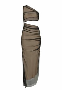 Asymmetrisches braunes Kleid mit durchsichtiger Überlagerung, gerafftem Textur und Ausschnitt-Detail, das ein figurbetontes Design und einen schwingenden Rock aufweist.
