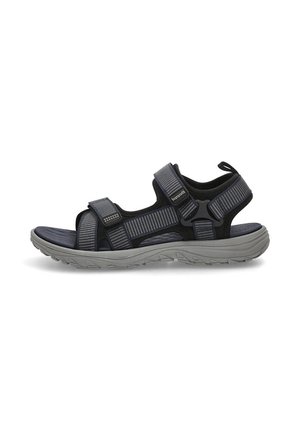 Sandalia negra y gris con correas ajustables, plantilla acolchada y suela texturizada. Presenta un diseño deportivo para uso al aire libre.