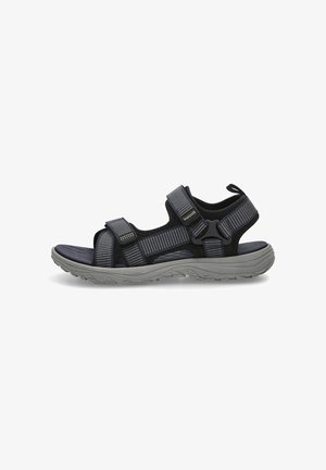 Sandalia negra y gris con correas ajustables, plantilla acolchada y suela texturizada. Presenta un diseño deportivo para uso al aire libre.