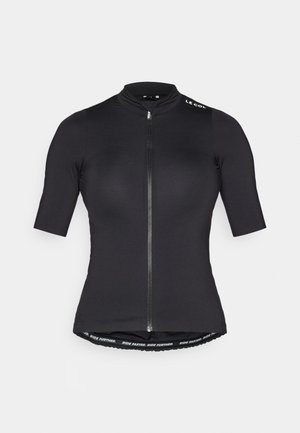 Koszulka kolarska z krótkim rękawem w kolorze czarnym, z suwakim z przodu, wysokim kołnierzem oraz markowym paskiem na dolnym brzegu. Gładki, lekki materiał.