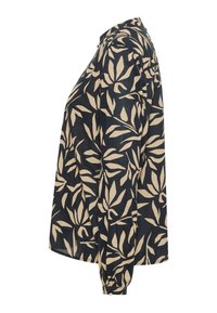 Blouse à manches longues bleu marine avec un motif de feuilles crème. Fabriquée en tissu léger, elle possède un col bouton et des poignets élastiques.