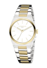 Silver- och guldtonad rostfri klocka med en rund vit urtavla, minimalistisk design och linjära timmarkörer. Slät yta, modern stil.