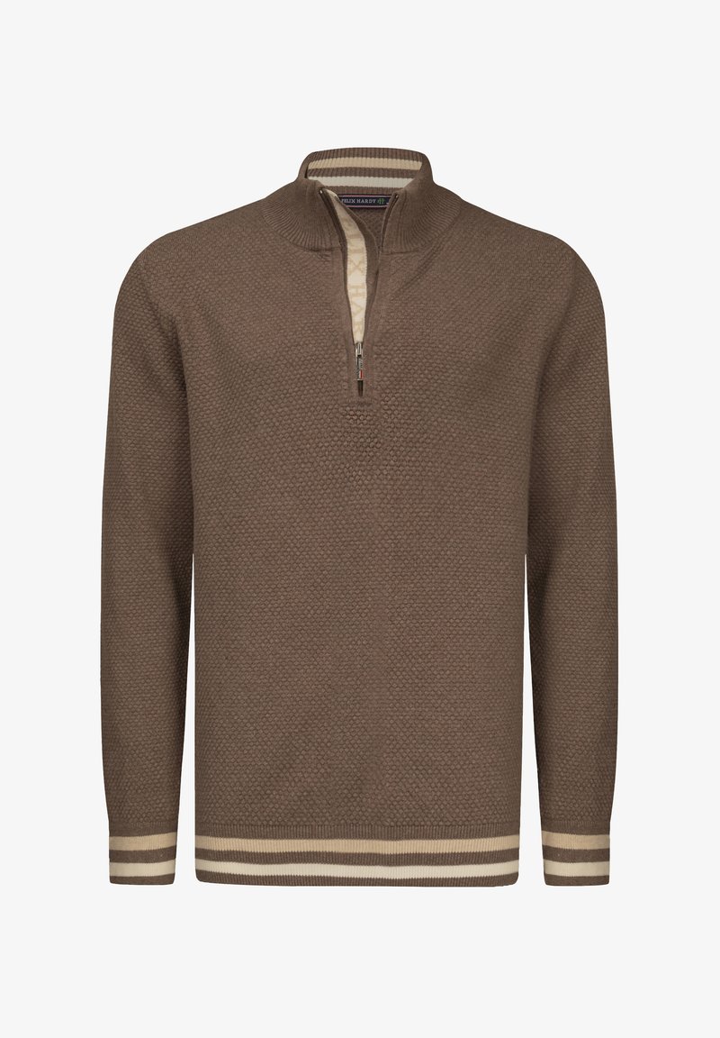 Brauner Zip-Hals Pullover mit strukturiertem Strick, gerippten Bündchen und Saum mit weißen und beigen Streifen. Gefütterter Kragen aus leichterem Material.