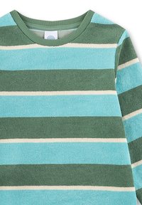 Lange mouwen terry top met horizontale strepen in teal, lichtblauw en groen. Ronde halslijn met geribbelde afwerking, zachte textuur.