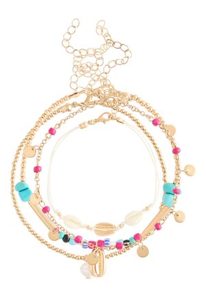 Set of four gold-tone chain and beaded bracelets with pink, turquoise, black beads, shell charms, and adjustable lobster clasp closures.