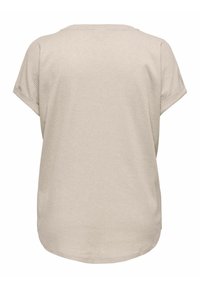 Beige kortærmet top med ribbet tekstur, rund neckline og let buet kant. Bagview viser enkelhed uden udsmykninger.