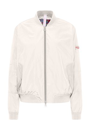 Lichtbeige bomberjack met voorrits, geribbelde kraag en manchetten, zijzakken, en een klein logolabel op de bovenkant van de linkermouw.