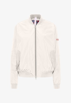 Lichtbeige bomberjack met voorrits, geribbelde kraag en manchetten, zijzakken, en een klein logolabel op de bovenkant van de linkermouw.