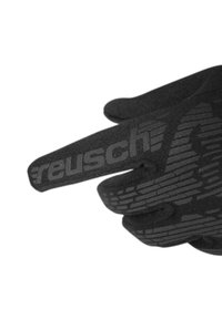 Black gloves with textured grip, featuring a subtle logo on the finger. Made from flexible material with a smooth finish.
