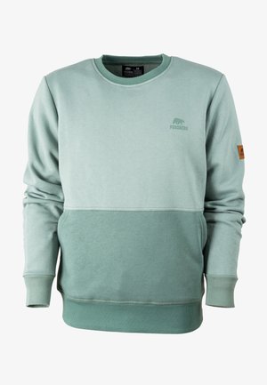 Hellgrüner Sweater mit Rundhalsausschnitt, gerippten Bündchen und unterem Saum. Verfügt über ein horizontales Farbblockdesign und ein kleines Logo auf der Brust.