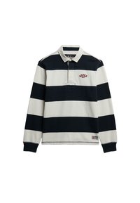 Polo shirt met lange mouwen in marineblauw en crèmekleurige strepen. Voorzien van een klassieke kraag, een drieknoopsluiting en een geborduurd logo op de borst.