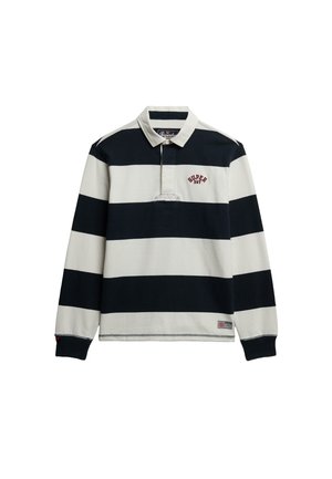 Long-sleeve polo shirt in navy and cream stripes. Features a classic collar, a three-button placket, and embroidered logo on the chest.