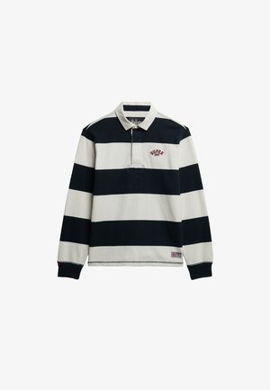 Camisa polo de manga larga en rayas azul marino y crema. Presenta un collar clásico, una tapeta de tres botones y un logo bordado en el pecho.